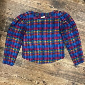 Vintage Eber San Francisco Multicolor Plaid Blouse – 1970s Puff Sleeve Top